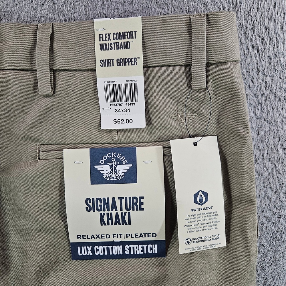 Dockers Signature Khaki Relaxed Fit Pleated Pants Tan 34x34 Lux Cotton Stretch
